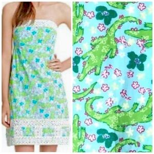 Lilly Pulitzer Bowen Turquoise Alberta Rare Gator Strapless Dress Size 2 EUC